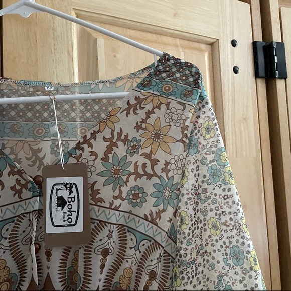 M- NWT Boho Beach Maxi Dress Semi Sheer Colorful Design Coverup Dress V-Neck - Picture 2 of 6